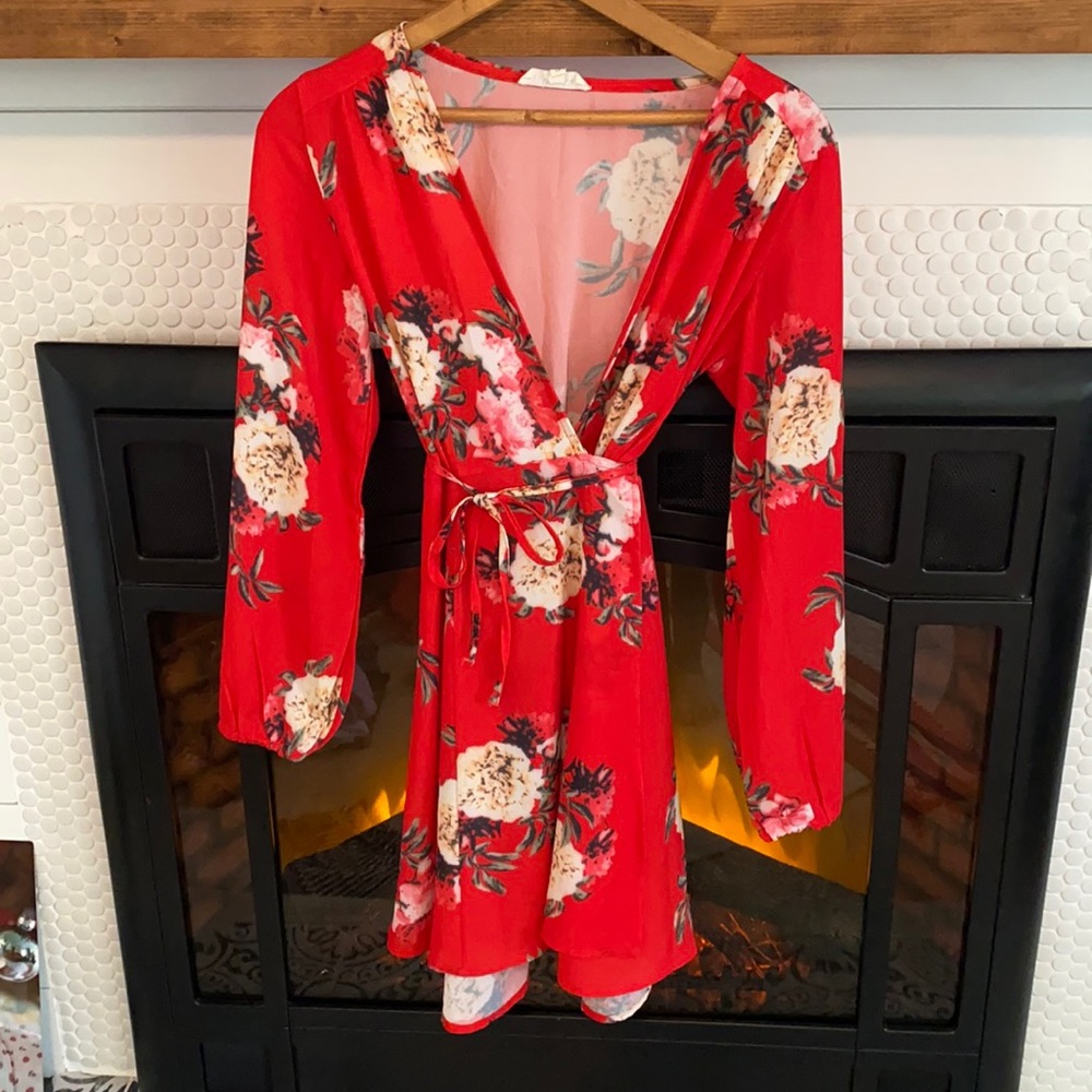 Red floral wrap dress
